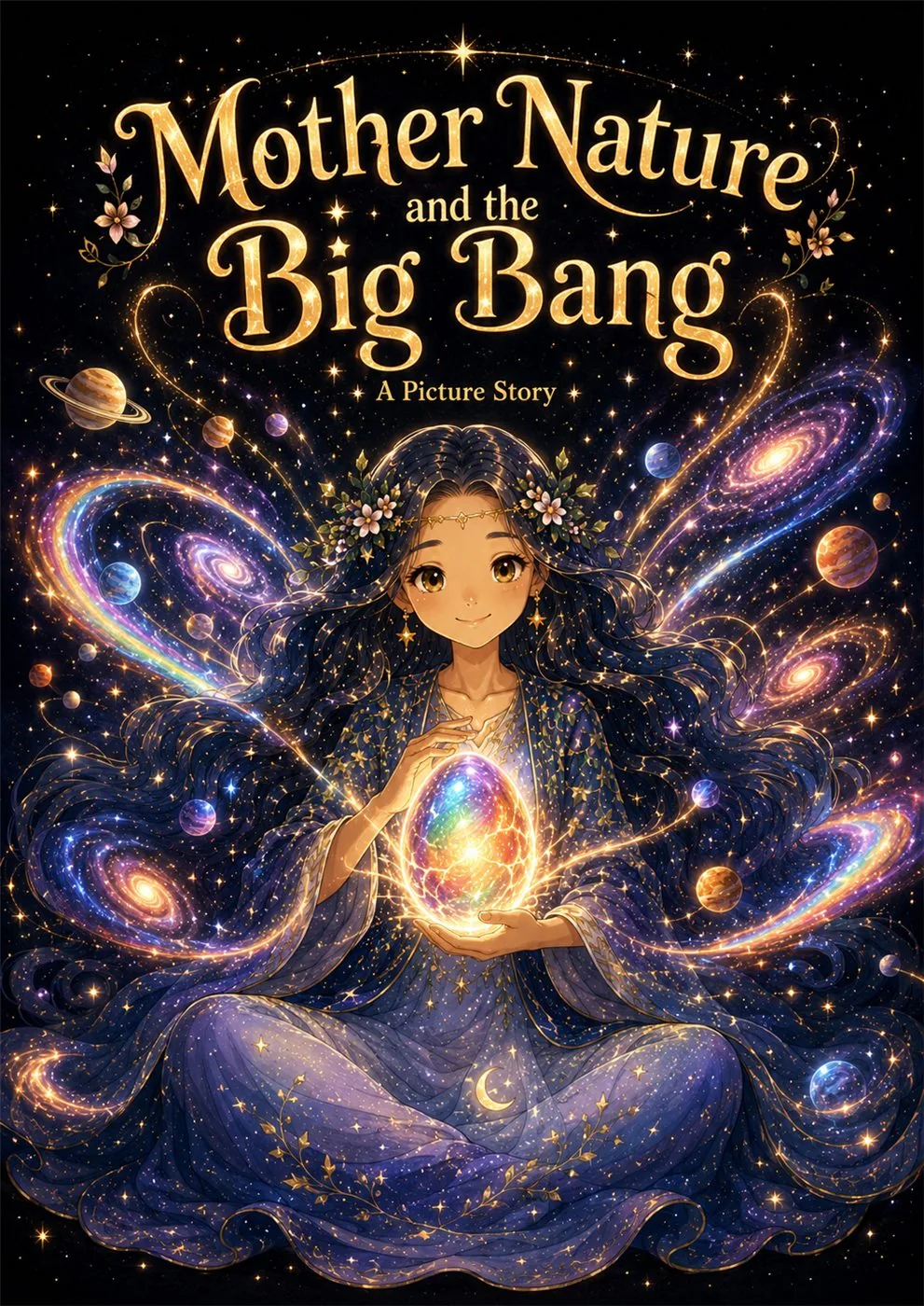 Mother Nature surrounded by stars, planets, galaxies, and glowing cosmic light.