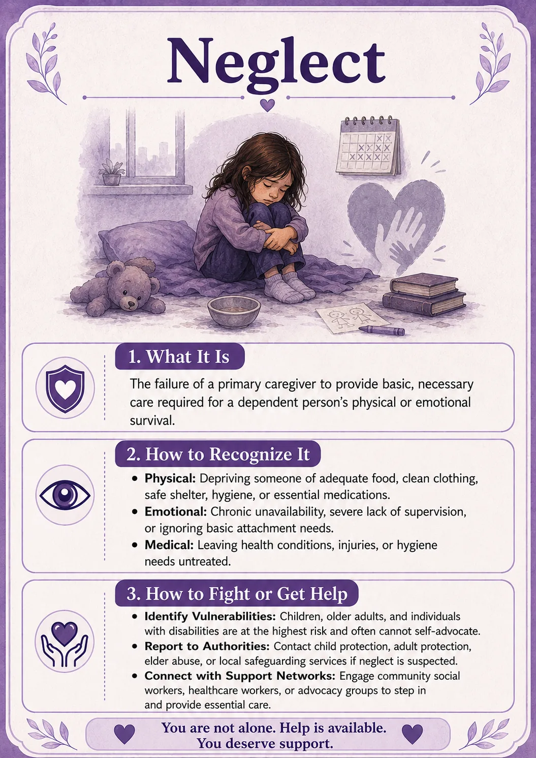 A purple illustrated card explaining neglect, physical, emotional, and medical warning signs, and ways to seek support.