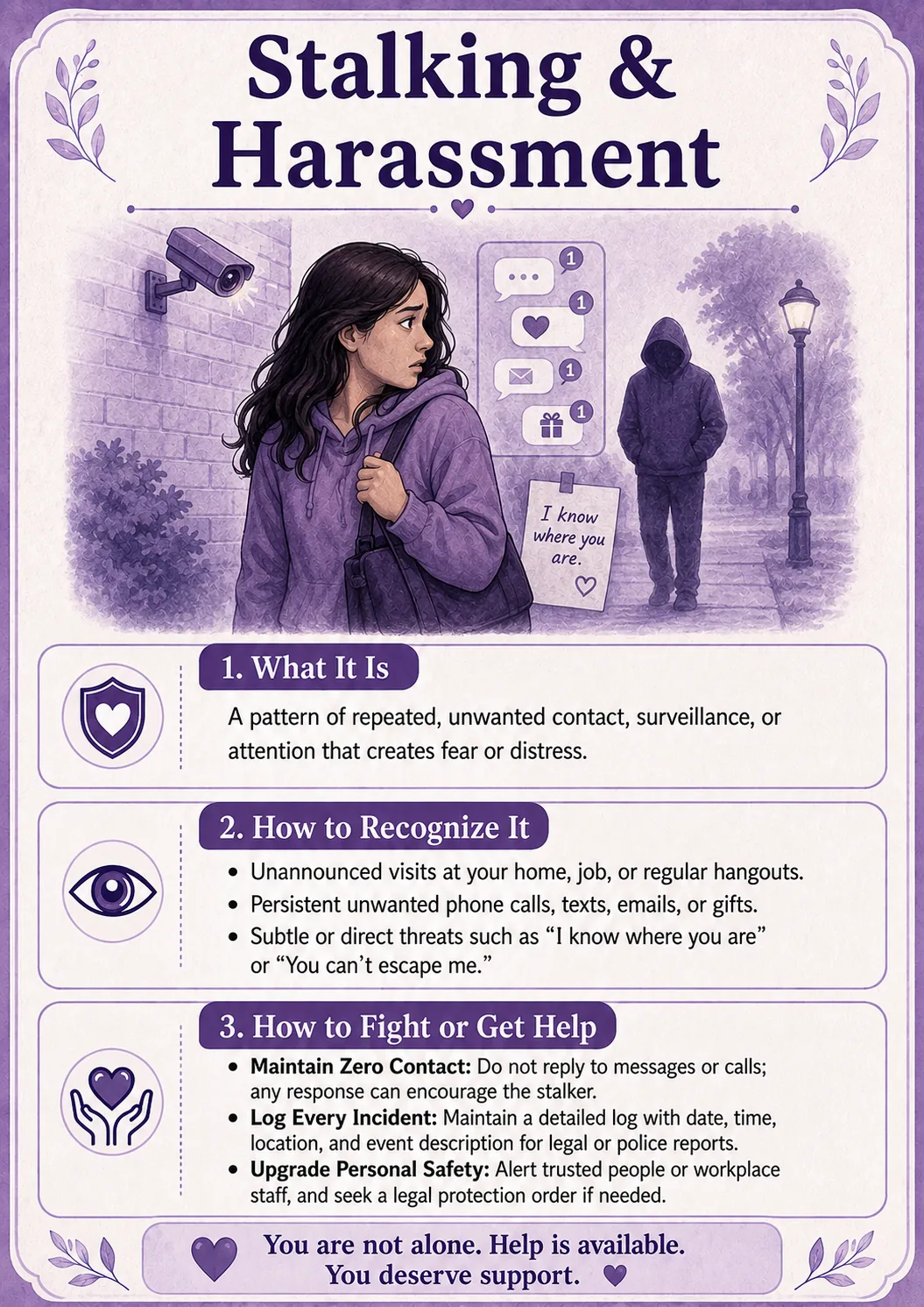 A purple illustrated card explaining stalking and harassment, warning signs, incident logging, and personal safety.