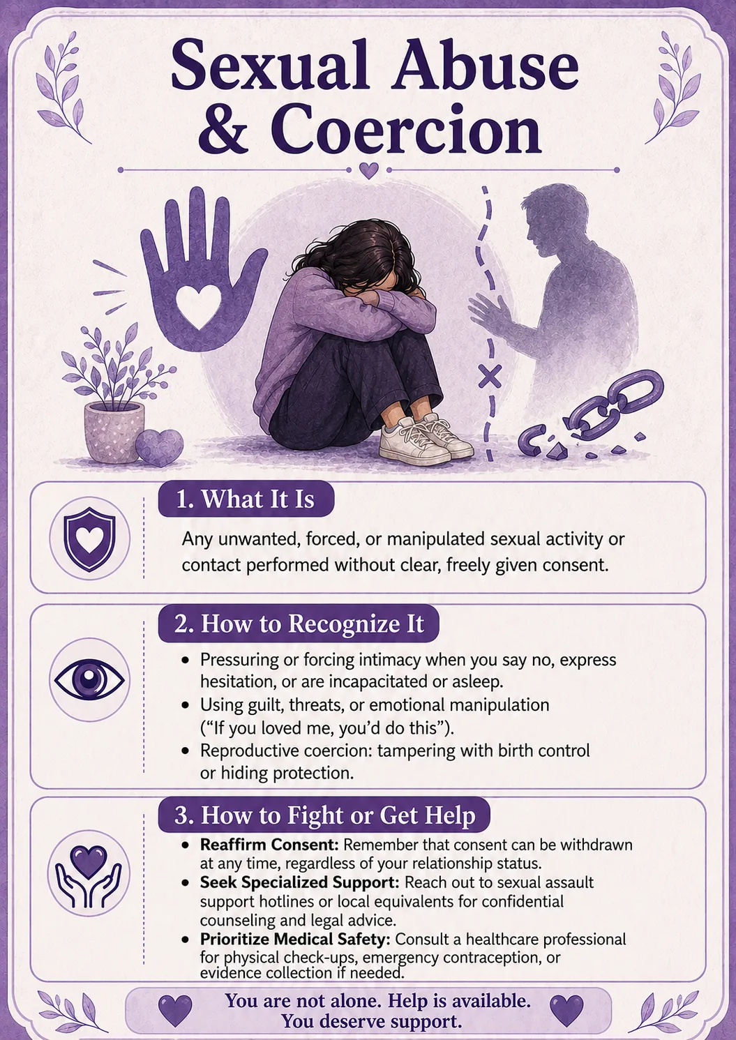 A purple illustrated card explaining sexual abuse and coercion, consent, warning signs, and specialized support.