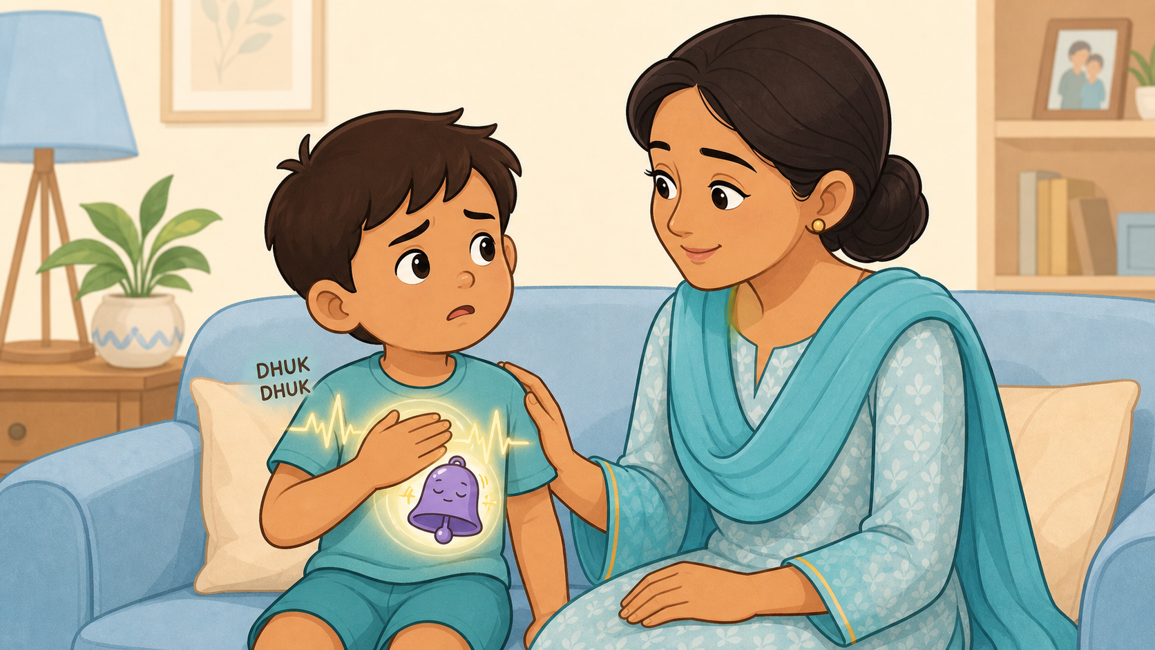 A child sits beside his mother with one hand on his chest as a warm glow and the words dhuk dhuk represent the fast heartbeat he associates with anxiety.