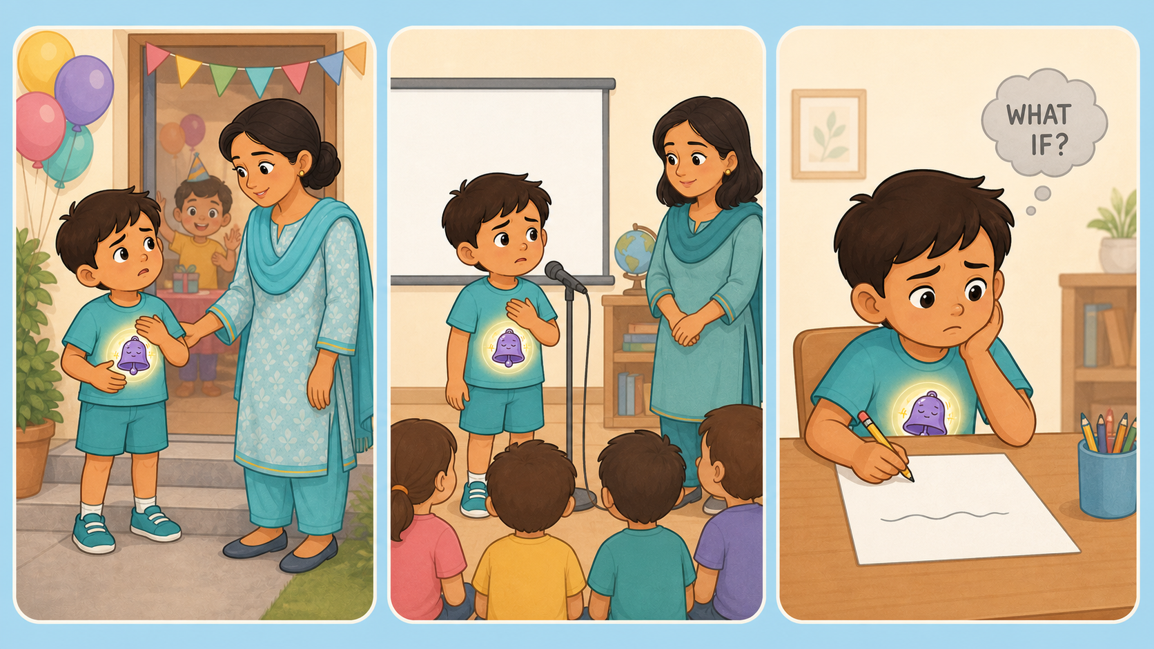 Three illustrated examples of childhood anxiety: stopping outside a busy birthday party, becoming silent while speaking in front of a class, and avoiding a drawing because it may not be perfect.