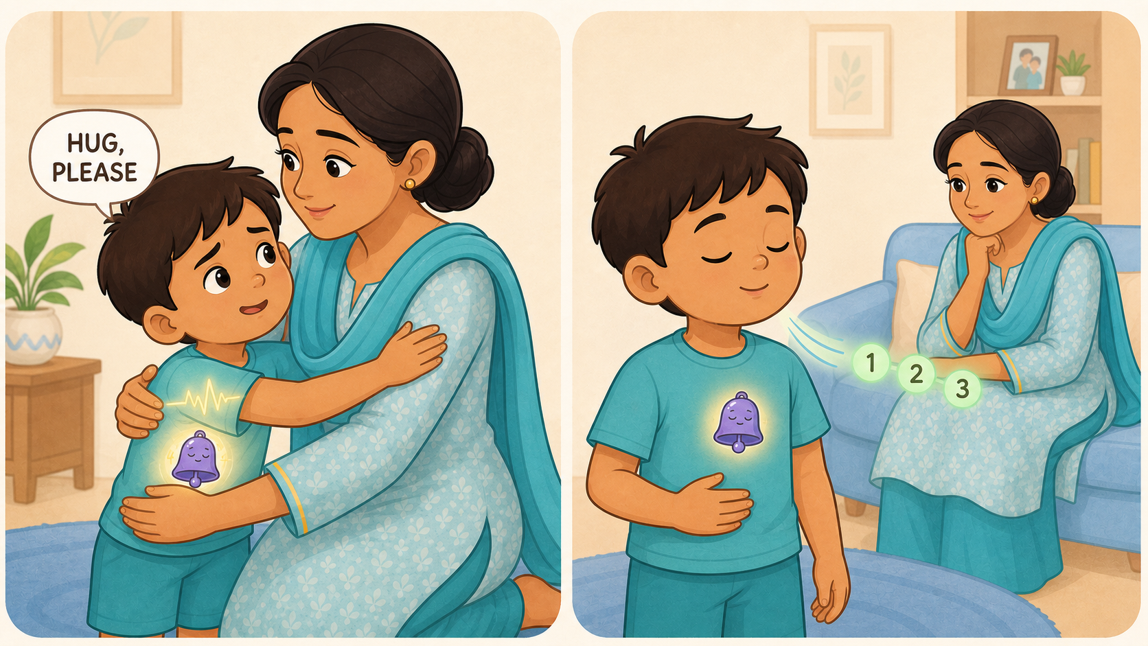 Two illustrated calming strategies: a child asks his mother for a hug, and the child slowly breathes while counting one, two, three.