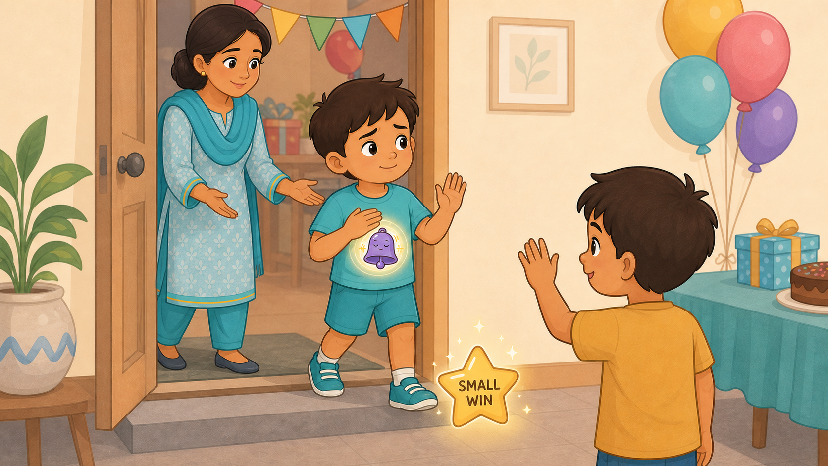 A child takes a small step into a birthday party and greets another child while his mother supports him from nearby; a star labels the moment a small win.