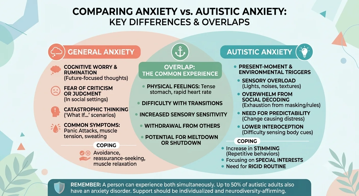 A Venn diagram comparing general anxiety and autistic anxiety. General anxiety includes future-focused worry, fear of criticism, catastrophic thinking and panic-like symptoms. Autistic anxiety includes environmental triggers, sensory overload, social decoding, unpredictability and difficulty sensing body cues. The overlap includes physical feelings, difficult transitions, sensory sensitivity, withdrawal, meltdowns or shutdowns.
