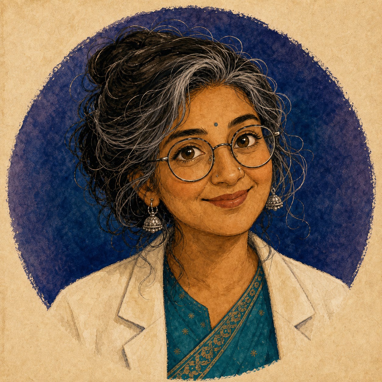 A warm painted portrait of Auntie Gyn-y wearing round glasses, a teal sari and cream medical coat, with silver-streaked hair and a confident, welcoming smile.