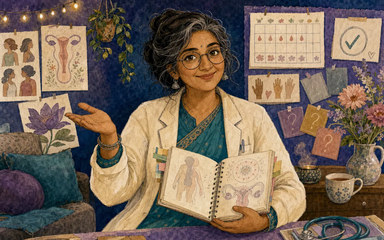 Auntie Gyn-y, a warm South Asian health guide, holding an illustrated anatomy notebook