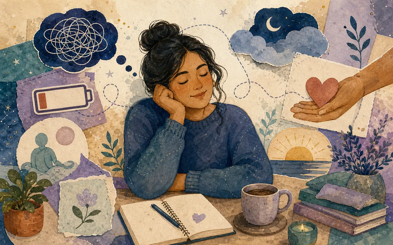 A woman resting beside a notebook, surrounded by visual symbols for low energy, sleep, support and recovery
