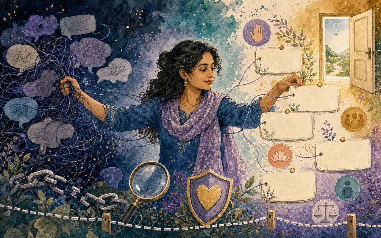 A woman untangling dark threads of confusion into clear cards, with symbols for boundaries, safety and choice