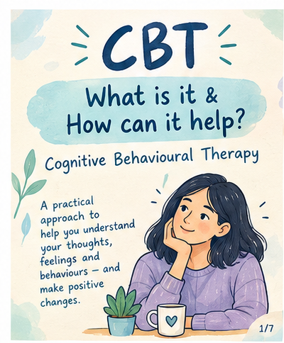 An illustrated introduction to cognitive behavioural therapy showing a thoughtful woman beside the title CBT: What is it and how can it help?