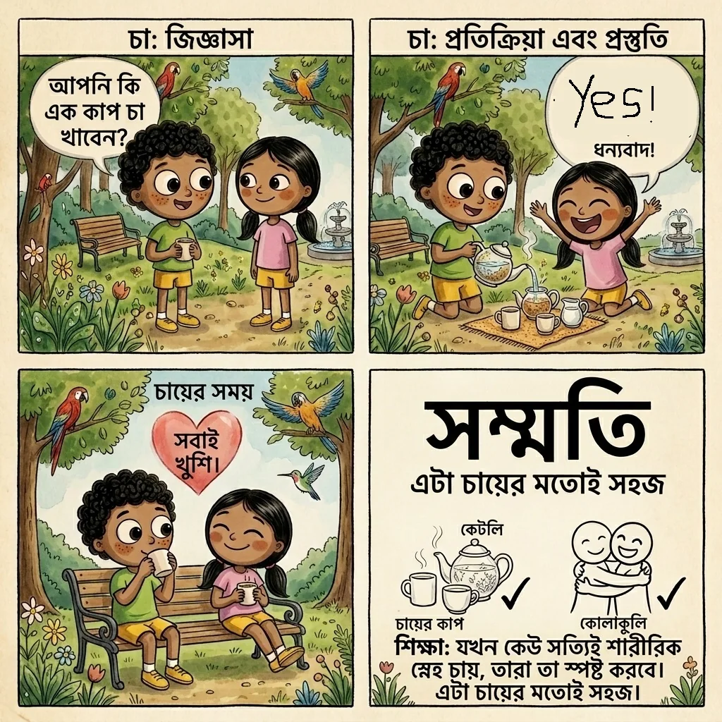 চা চাইতে জিজ্ঞেস করা, পরিষ্কারভাবে হ্যাঁ বলা এবং দুজনের আনন্দের মাধ্যমে সম্মতি বোঝানো বাংলা চিত্রিত কার্ড।