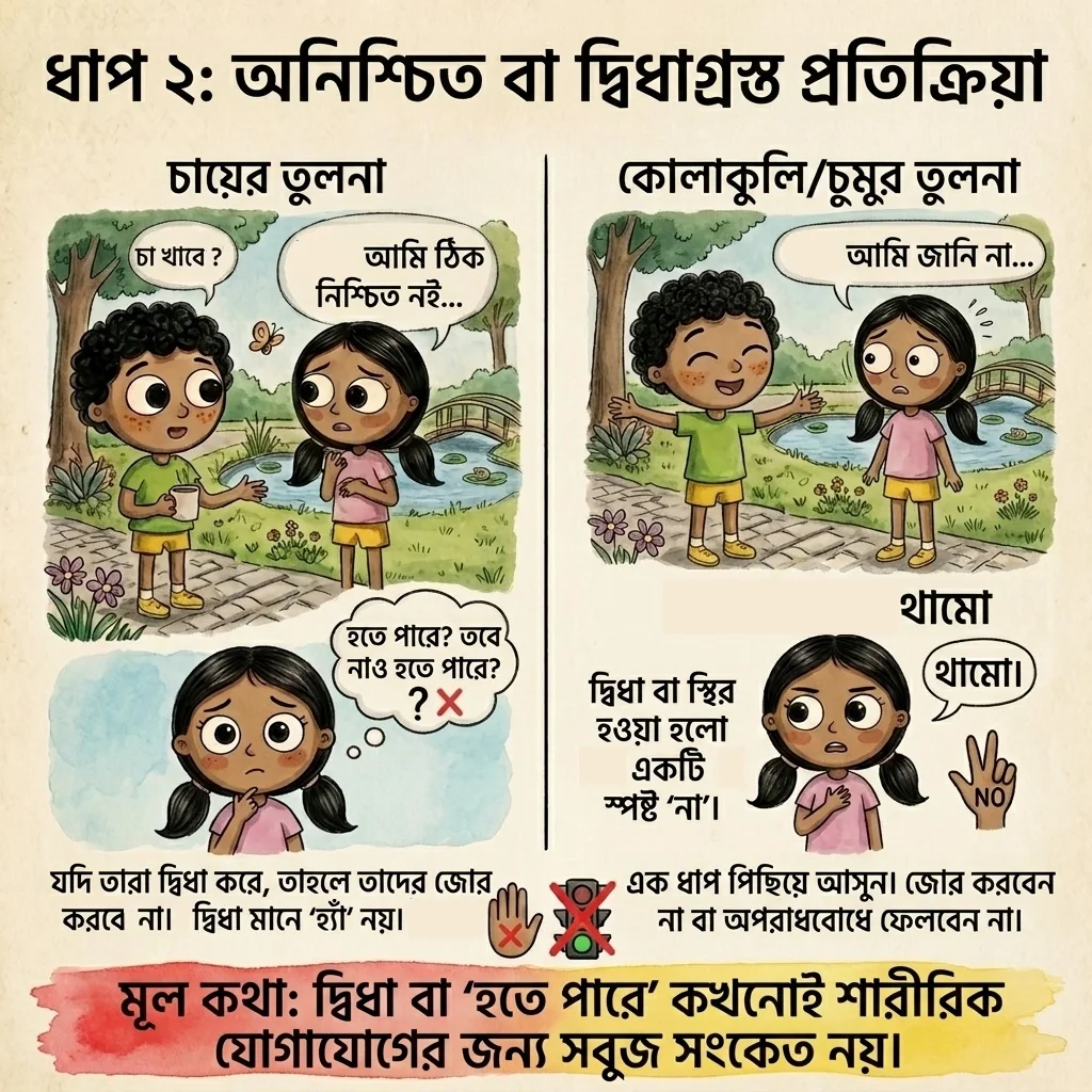 দ্বিধা, অনিশ্চয়তা, স্থির হয়ে যাওয়া বা হতে পারে—কোনোটিই কোলাকুলি বা চুমুর অনুমতি নয়—এমন বাংলা চিত্রিত কার্ড।