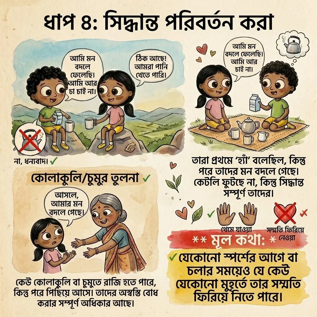 চা, কোলাকুলি বা চুমুর ক্ষেত্রে যেকোনো সময় সিদ্ধান্ত বদলানো এবং সম্মতি ফিরিয়ে নেওয়ার অধিকার দেখানো বাংলা কার্ড।