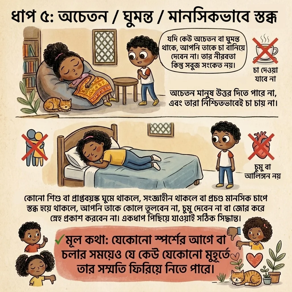 অচেতন, ঘুমন্ত বা পরিষ্কারভাবে উত্তর দিতে অক্ষম মানুষের নীরবতা অনুমতি নয়—এমন বাংলা চিত্রিত কার্ড।