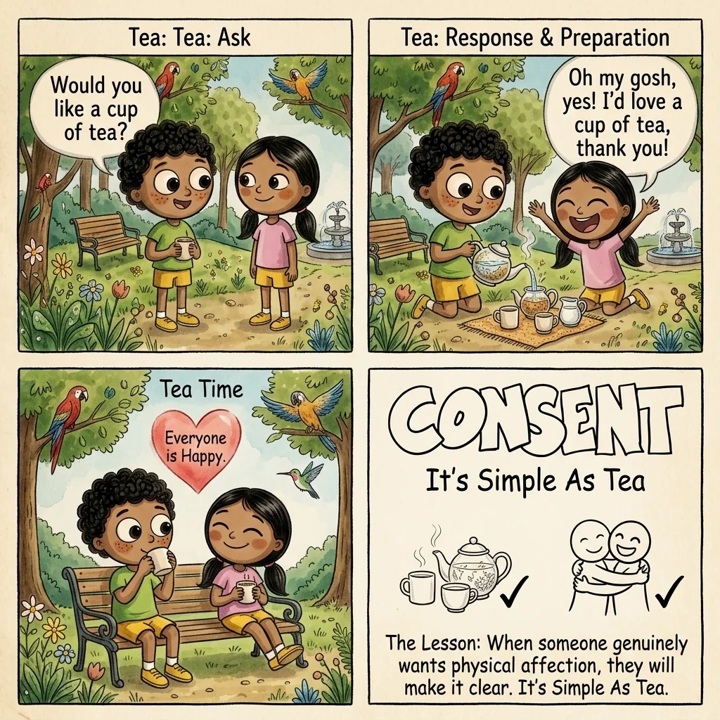 An illustrated tea analogy showing a child asking before offering tea and both children happily agreeing.