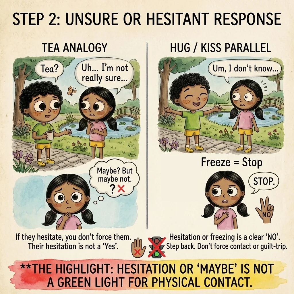 An illustrated comparison showing that uncertainty, hesitation, freezing, or maybe is not permission for a hug or kiss.