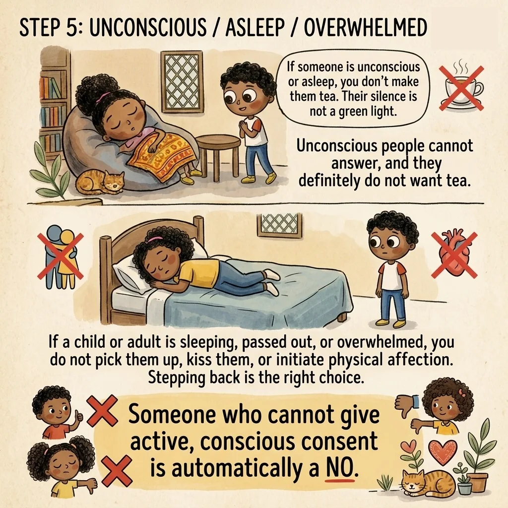 An illustrated guide explaining that a person who is unconscious, asleep, or unable to communicate a clear choice cannot give active consent.