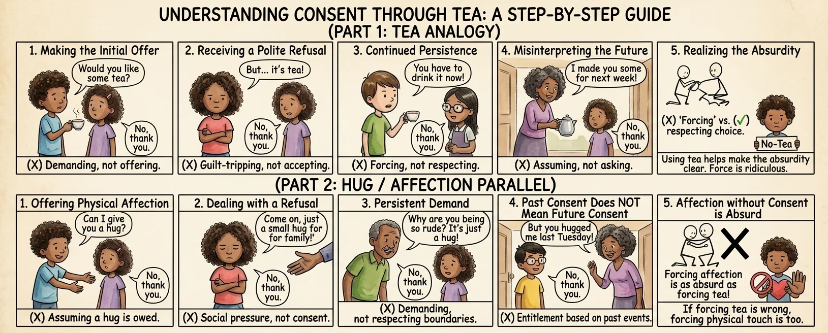 A two-row illustrated summary comparing pressure around tea with pressure for hugs and showing why asking and respecting no matters every time.
