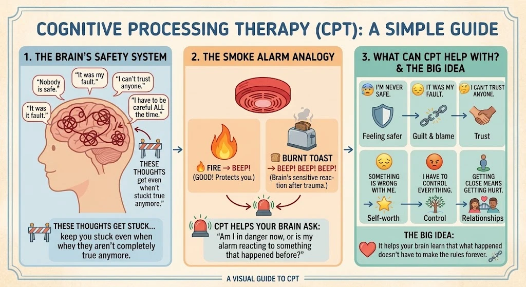 Three-panel illustrated guide to Cognitive Processing Therapy showing stuck thoughts, a smoke-alarm analogy, and areas of life CPT can address.