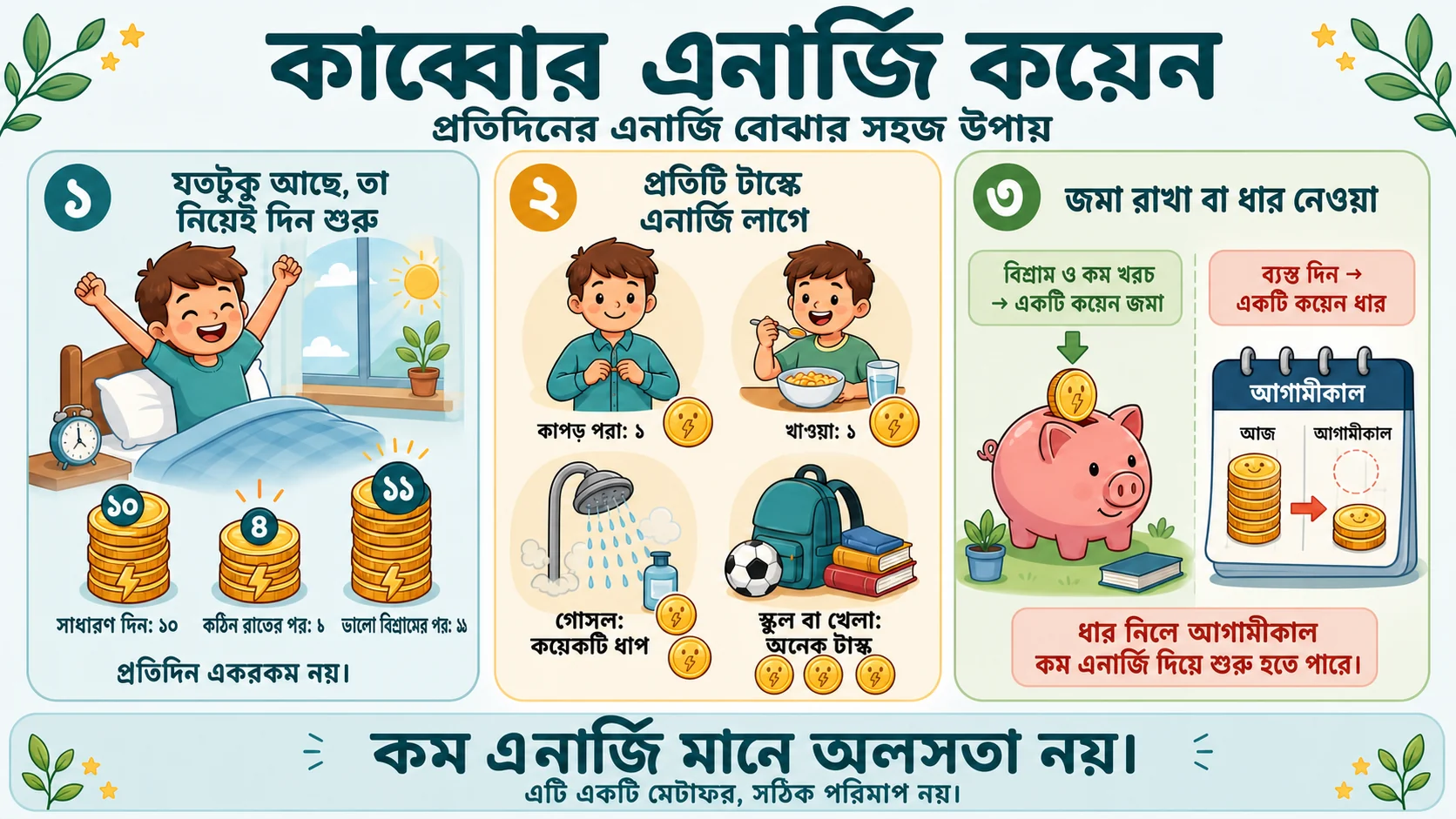 কাব্বোর এনার্জি কয়েনের একটি বাংলা সচিত্র গাইড: প্রতিদিনের শুরুতে এনার্জির পরিমাণ বদলাতে পারে, প্রতিটি কাজে এনার্জি লাগে এবং এনার্জি জমা রাখা বা আগামীকাল থেকে ধার নেওয়া যায়।