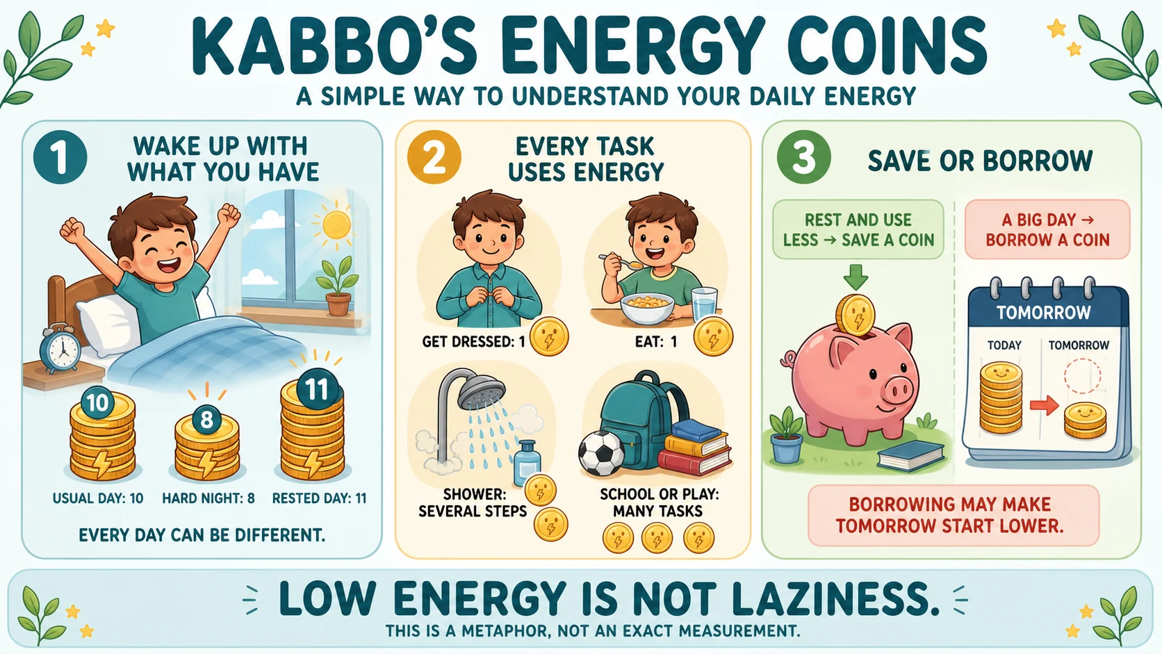 A child-friendly guide to Kabbo’s energy coins: wake up with what you have, every task uses energy, and rest can save energy while a big day may borrow it from tomorrow.