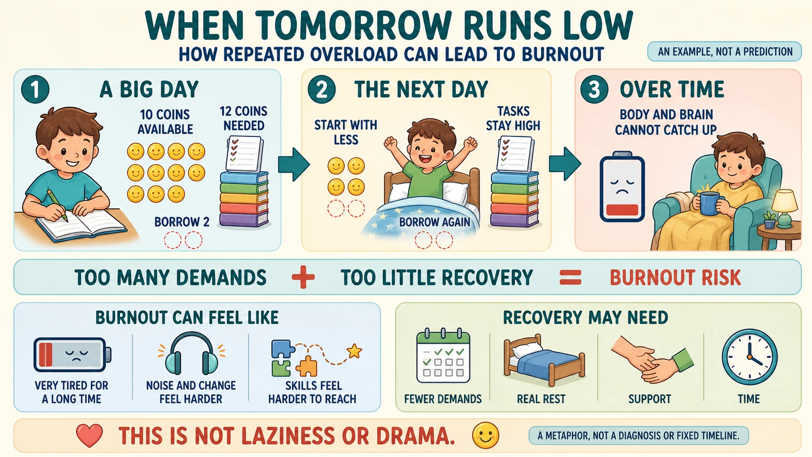 A child-friendly visual showing a big day borrowing energy, the next day starting with less, and recovery needing fewer demands, real rest, support, and time.