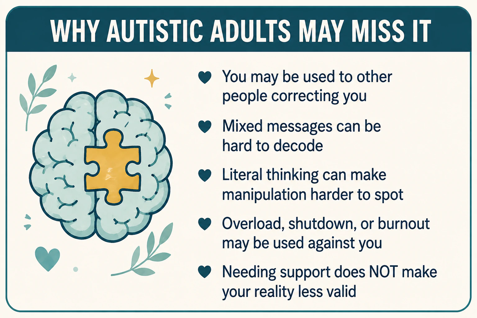 An infographic explaining that autistic adults may be accustomed to correction, may find mixed messages or manipulation difficult to decode, and may have overload or shutdown used against them.