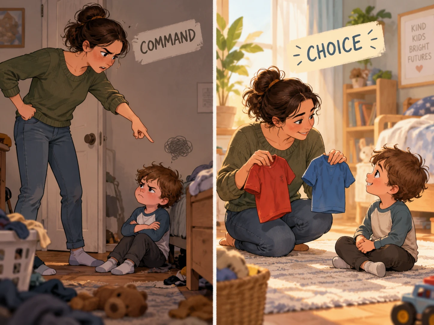 Split illustration contrasting a mother commanding an upset child with the same mother calmly offering a choice between a red and blue shirt.