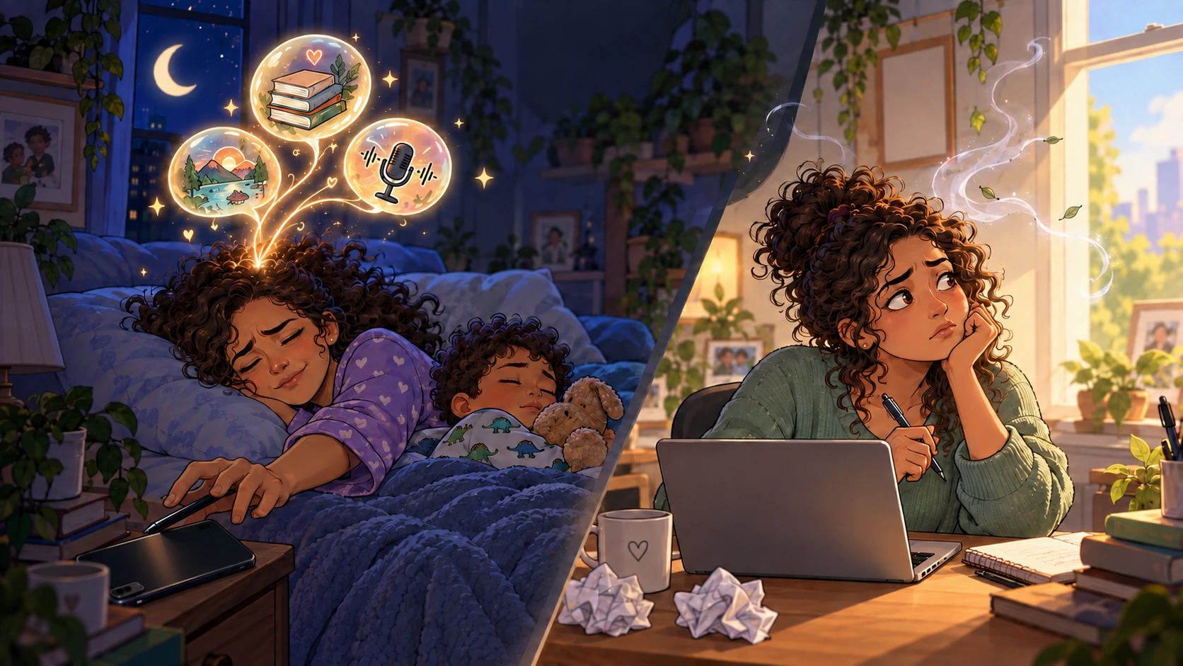 Split illustration of a mother beside her sleeping child as glowing ideas appear at night, and at her desk the next morning trying to remember them.