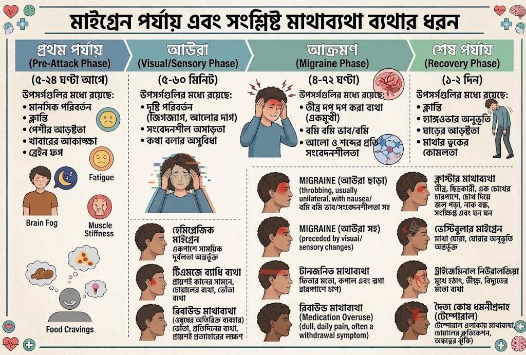 মাইগ্রেনের prodrome, aura, attack এবং postdrome phase-এর সঙ্গে সাধারণ উপসর্গ ও কয়েক ধরনের মাথাব্যথার pain pattern দেখানো বাংলা chart।