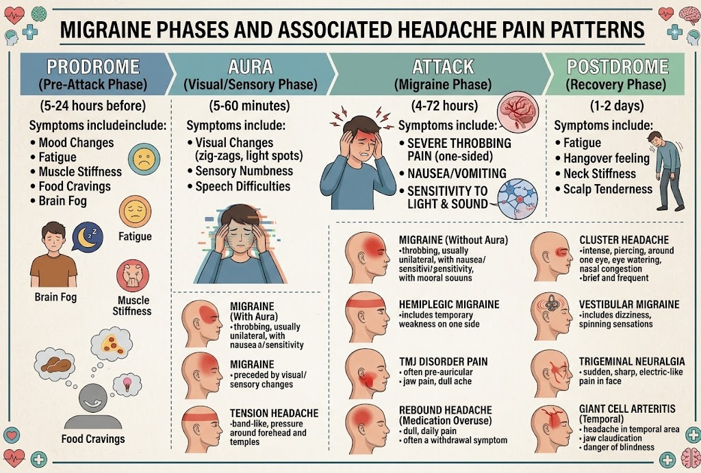 A chart showing prodrome, aura, migraine attack, and postdrome phases, together with common symptoms and several headache pain patterns.