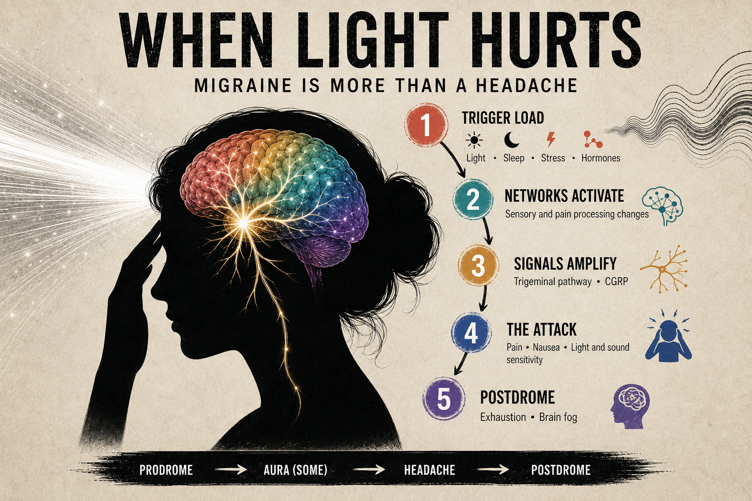 An illustrated silhouette of a woman holding her head while a glowing brain and five stages explain how migraine changes pain and sensory processing.