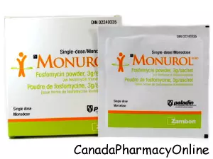 A box and single-dose sachet of Monurol fosfomycin powder for oral solution.