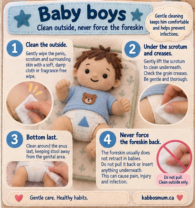 Soft textile-style guide for cleaning baby boys: clean the outside, under the scrotum and in the groin creases, clean the bottom last, and never force the foreskin back.