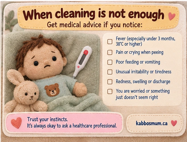 Soft textile-style medical-advice checklist showing a baby in bed with a thermometer. It lists fever, pain when peeing, poor feeding or vomiting, unusual irritability or tiredness, redness, swelling or discharge, and parental concern.