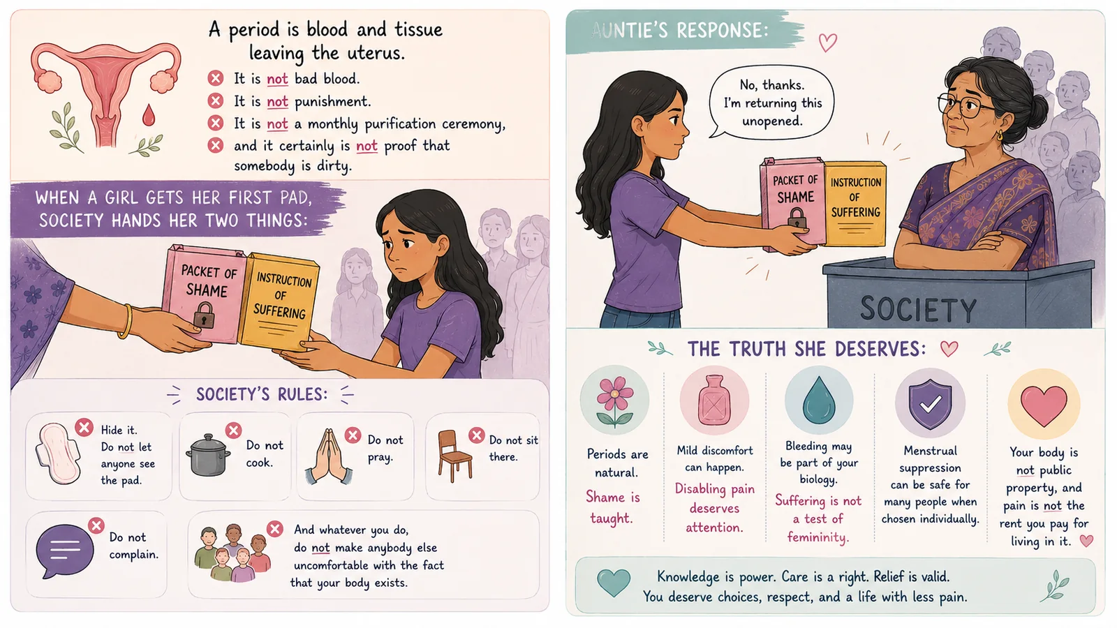 An illustrated guide contrasting the biological facts of menstruation with the shame and control often imposed on people who bleed.