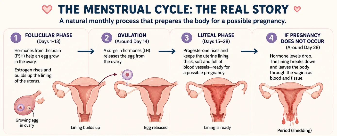 An illustrated menstrual-cycle diagram showing menstruation, the follicular phase, ovulation, and the luteal phase.