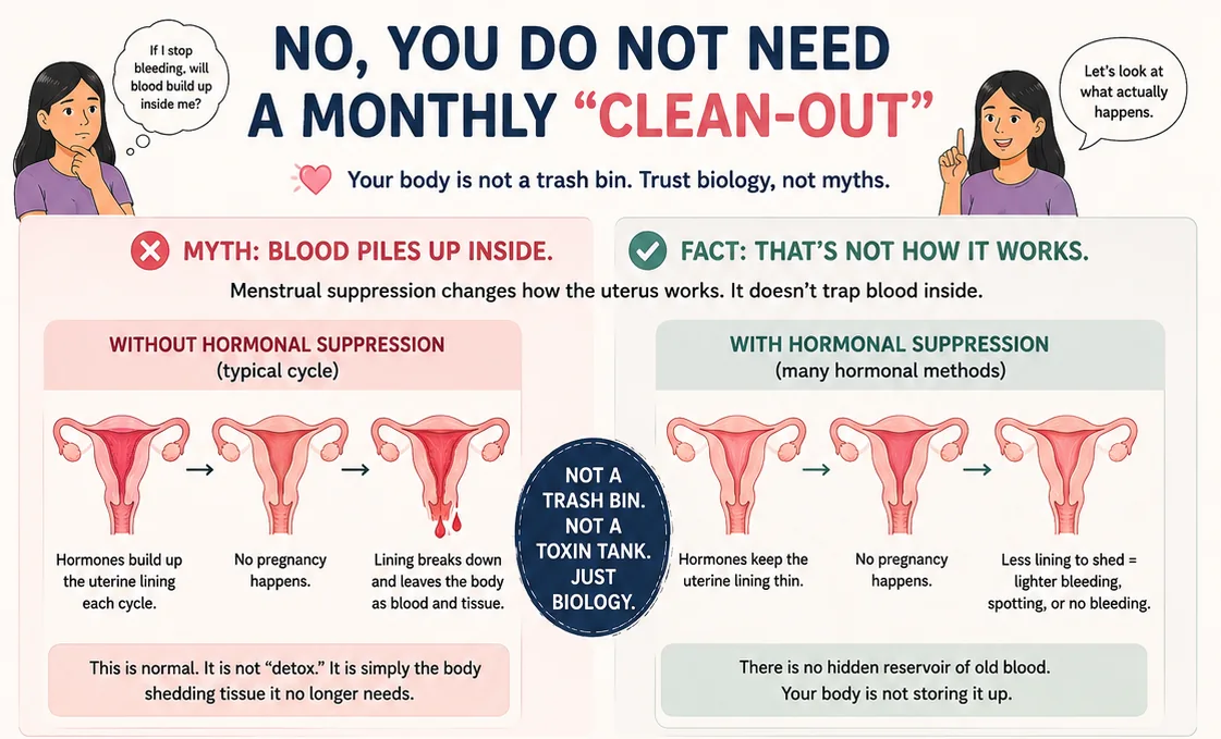 An illustrated explanation that hormonal menstrual suppression keeps the uterine lining thin rather than trapping old blood.
