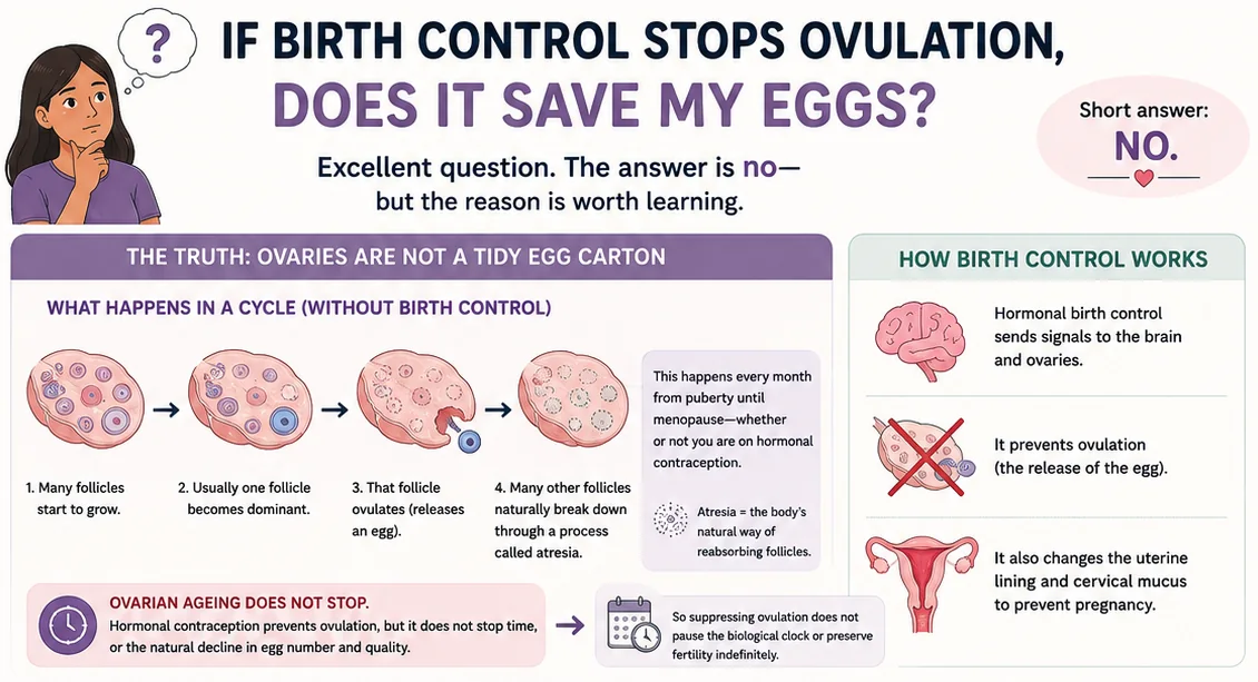 An illustrated ovary and follicle guide explaining that stopping ovulation does not pause ovarian ageing or preserve eggs indefinitely.
