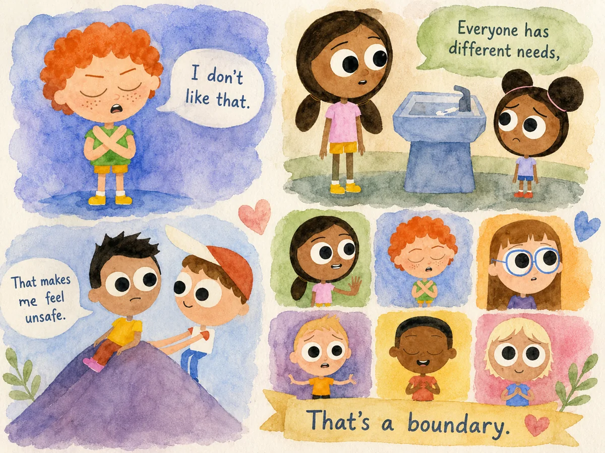 A warm watercolor collage of children expressing boundaries, asking for space, and recognizing that everyone has different needs.