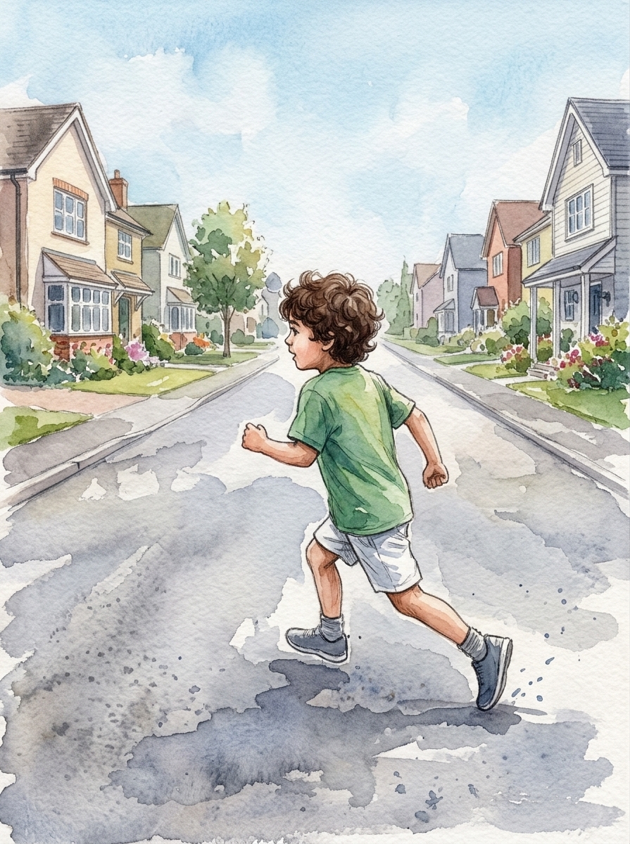 Watercolour illustration of a curly-haired child in a green shirt running along a residential street lined with houses.