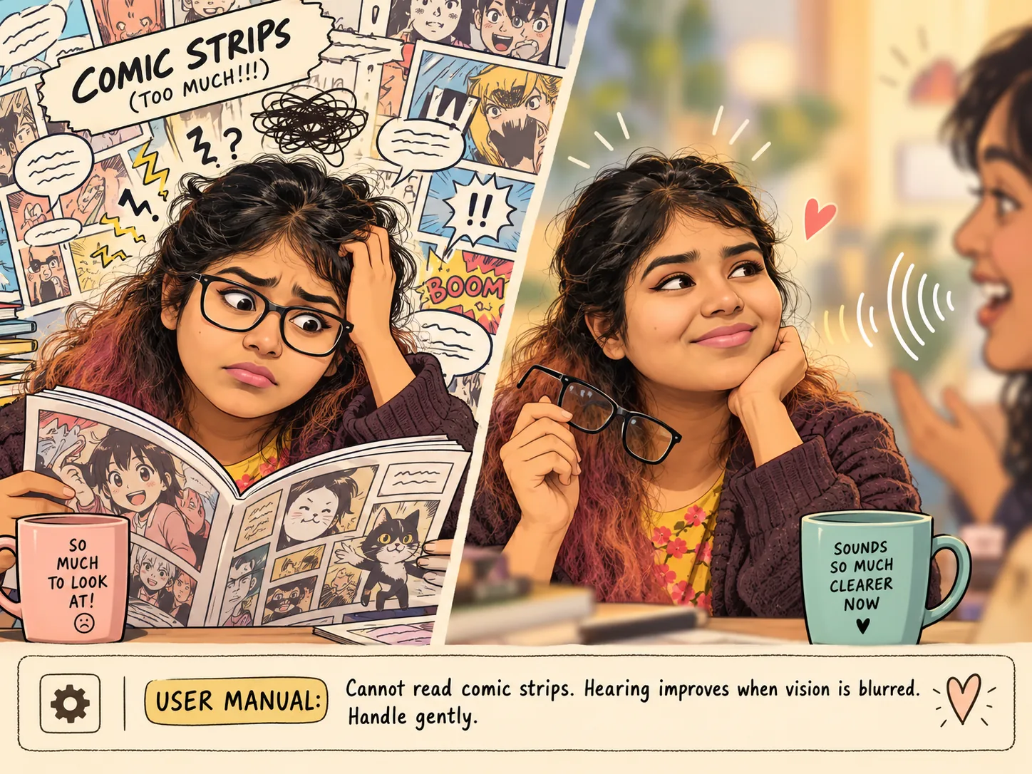 Split illustration of a woman overwhelmed while reading a dense comic page, then listening comfortably after taking off her glasses and softening the visual input.