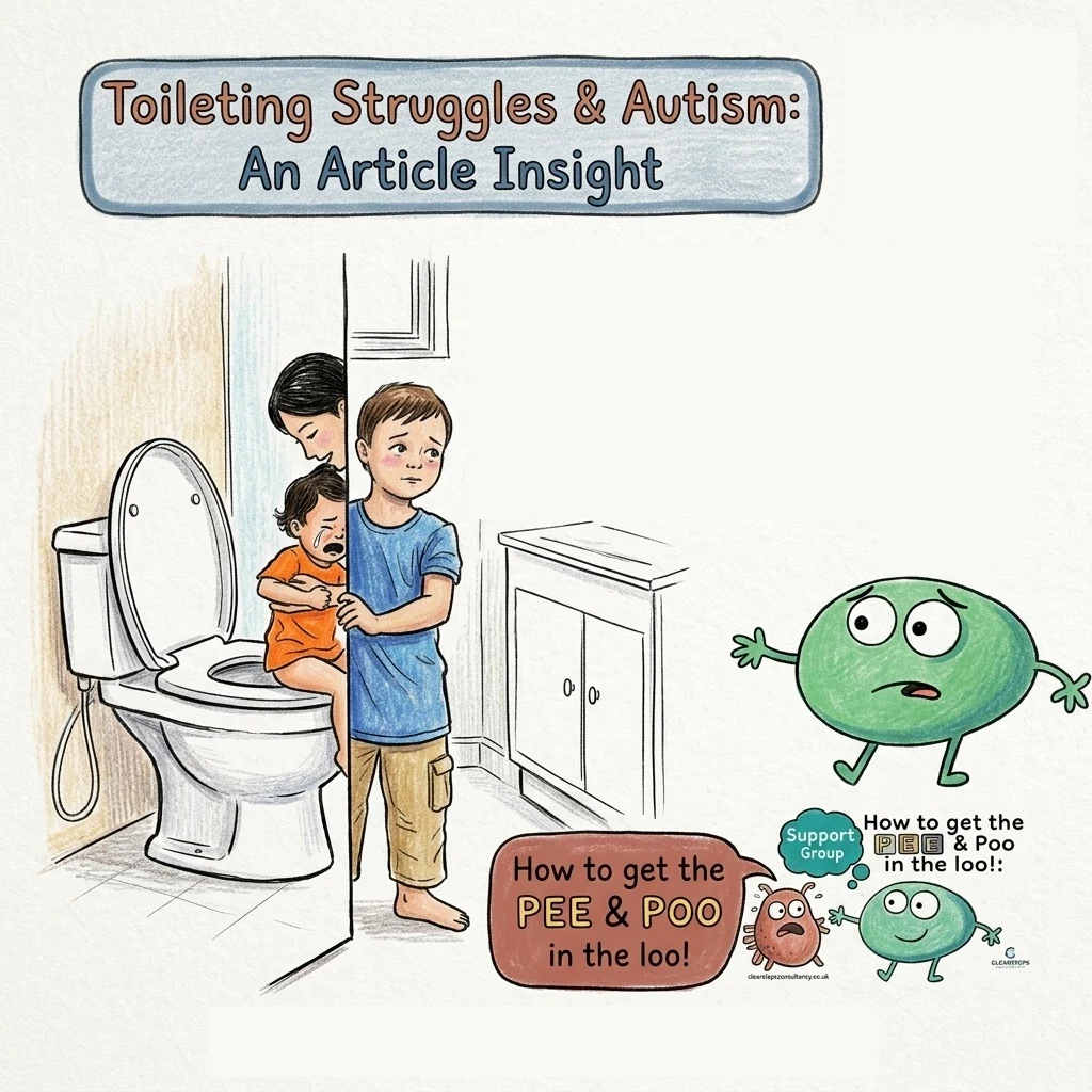 Illustration of a distressed child being supported beside a toilet, with the words Toileting Struggles and Autism.