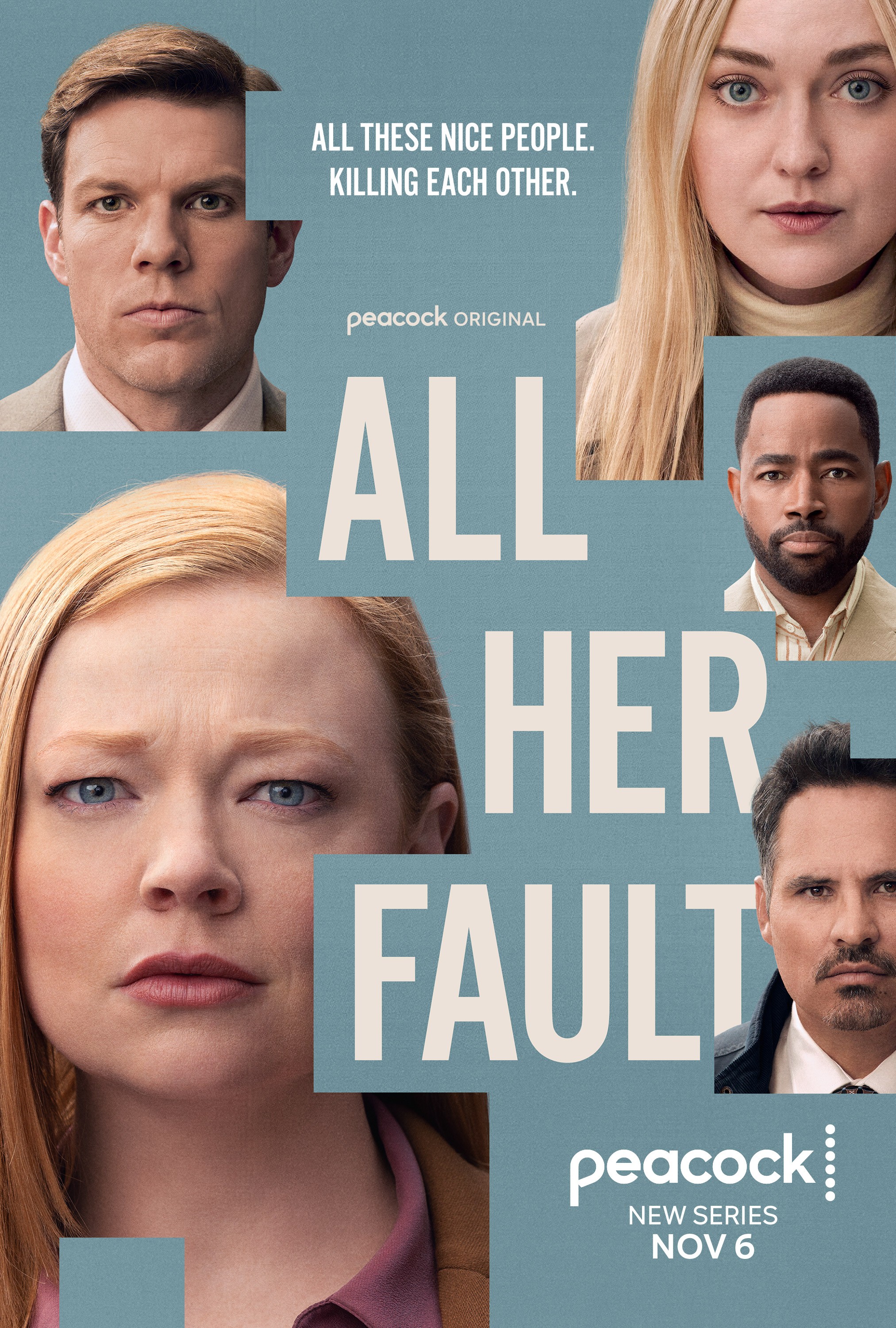 Promotional poster for All Her Fault featuring Sarah Snook, Dakota Fanning, Jake Lacy, Michael Peña, and other cast members against a blue background.