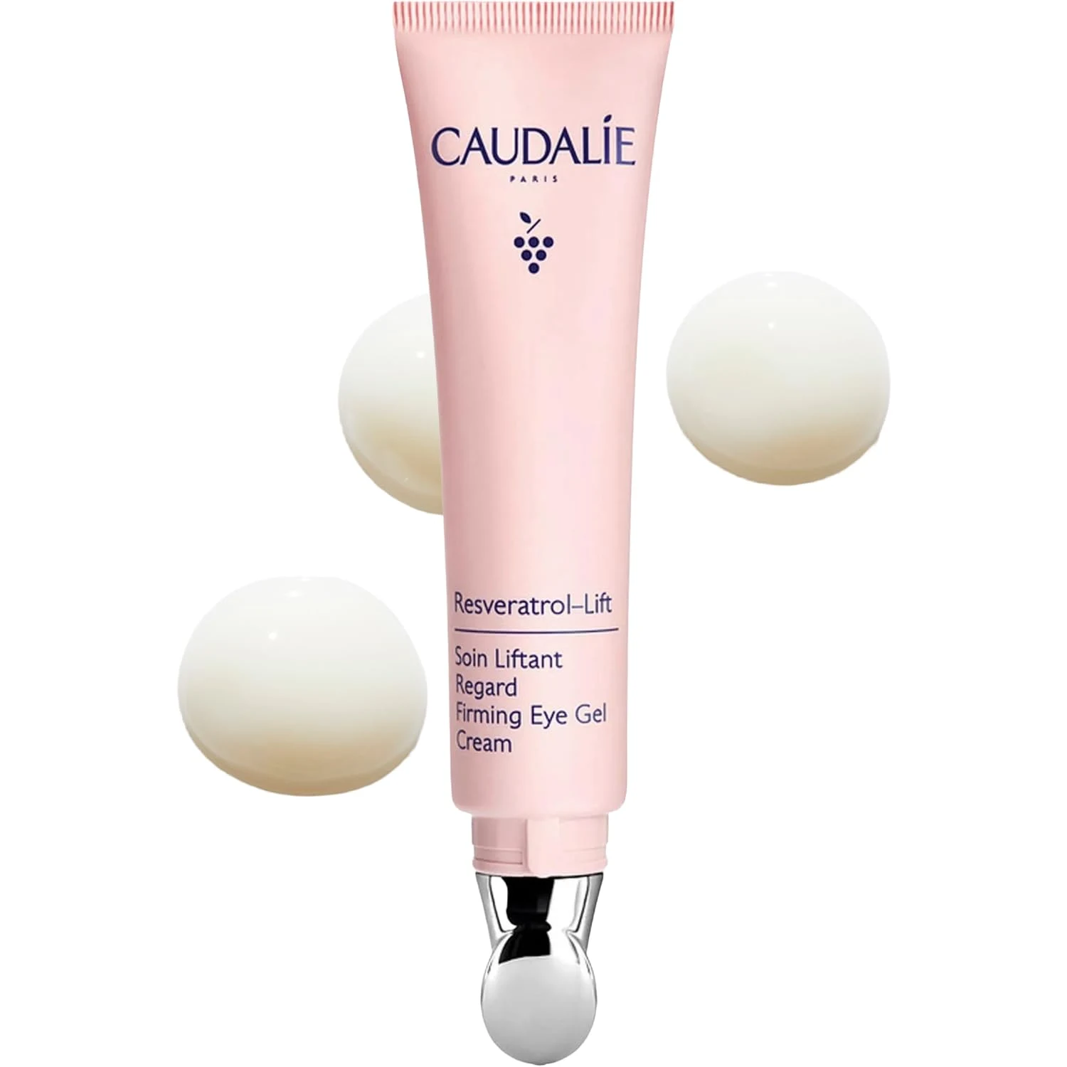 Pink tube of Caudalie Resveratrol-Lift Firming Eye Gel Cream with a rounded silver metal applicator against a white background.