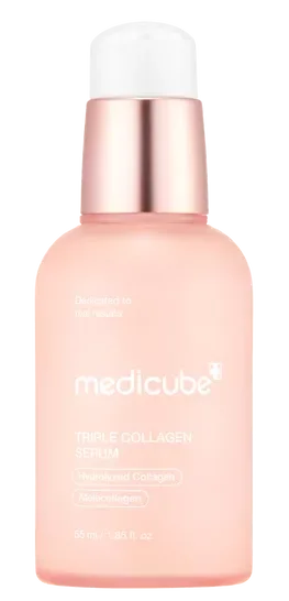 Pink bottle of Medicube Triple Collagen Serum against a transparent background.