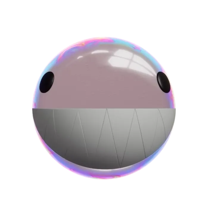 A glossy round cartoon bubble with small eyes and a grey zigzag mouth.