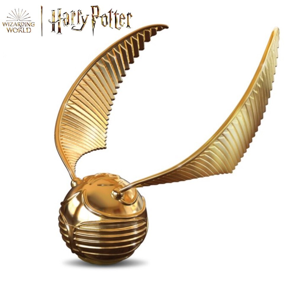 Official Golden Snitch design with a polished gold ball and two long ribbed wings.