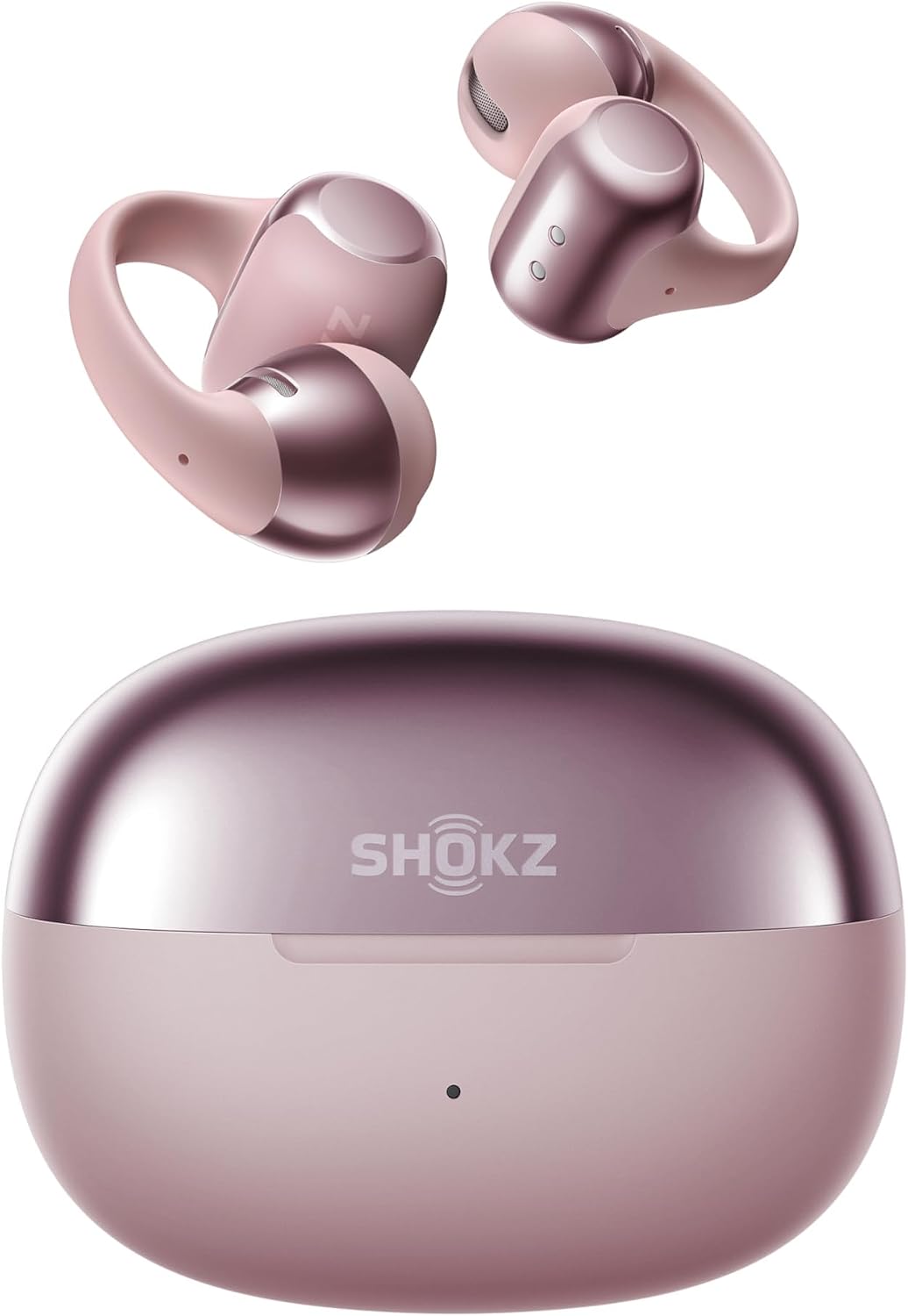 Pink Shokz OpenDots ONE clip-on earbuds above their matching charging case on a white background.