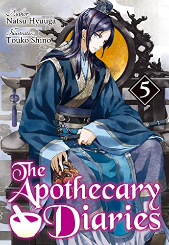 Cover of The Apothecary Diaries, Volume 5, showing a long-haired character in blue robes seated before a golden screen.